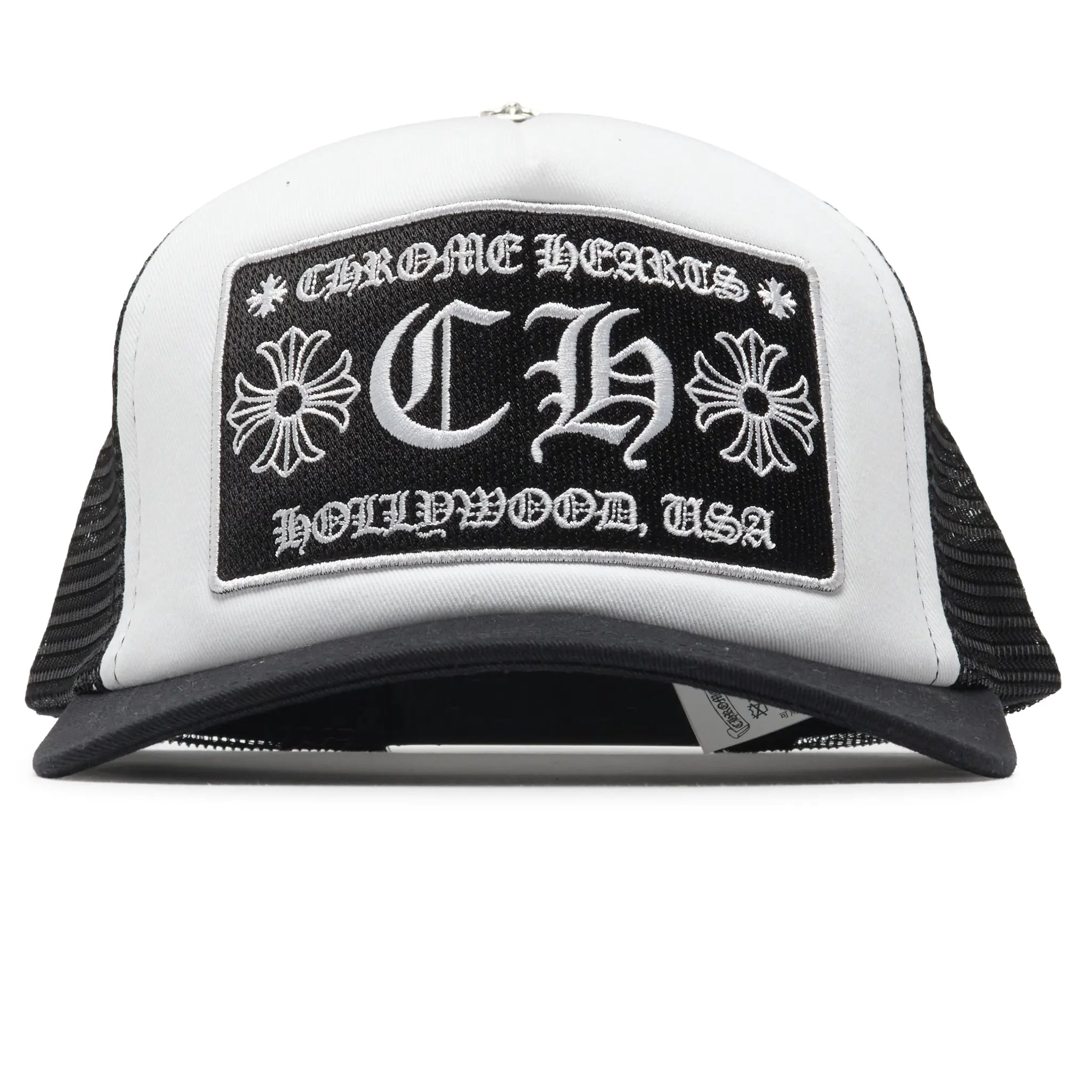 Front View of Chrome Hearts CH Hollywood White Black Trucker Cap 1383 100000701CHTH-BLWT